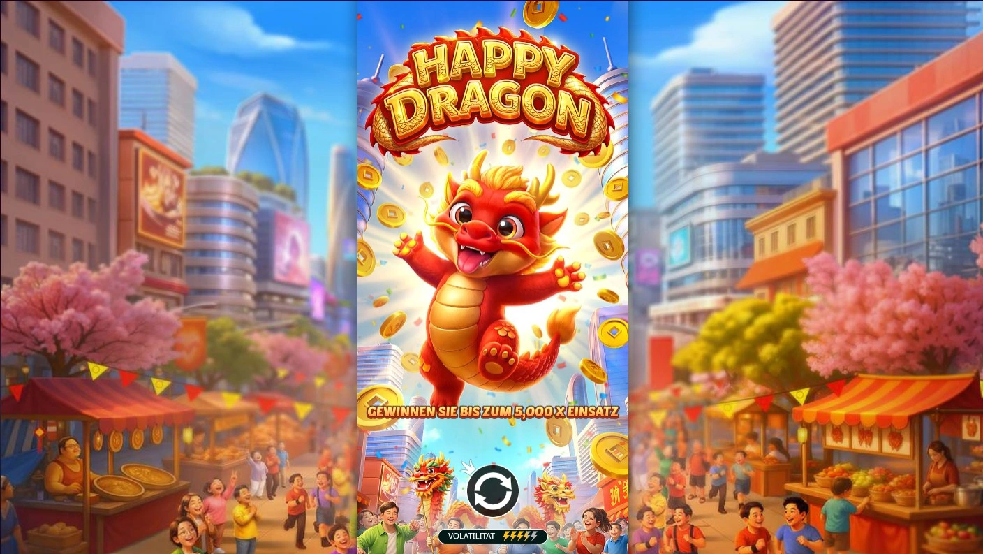 Happy Dragon Startbildschirm – Fröhlicher goldener Drache mit Münzen vor asiatischer Festkulisse mit Kirschblüten und Laternen