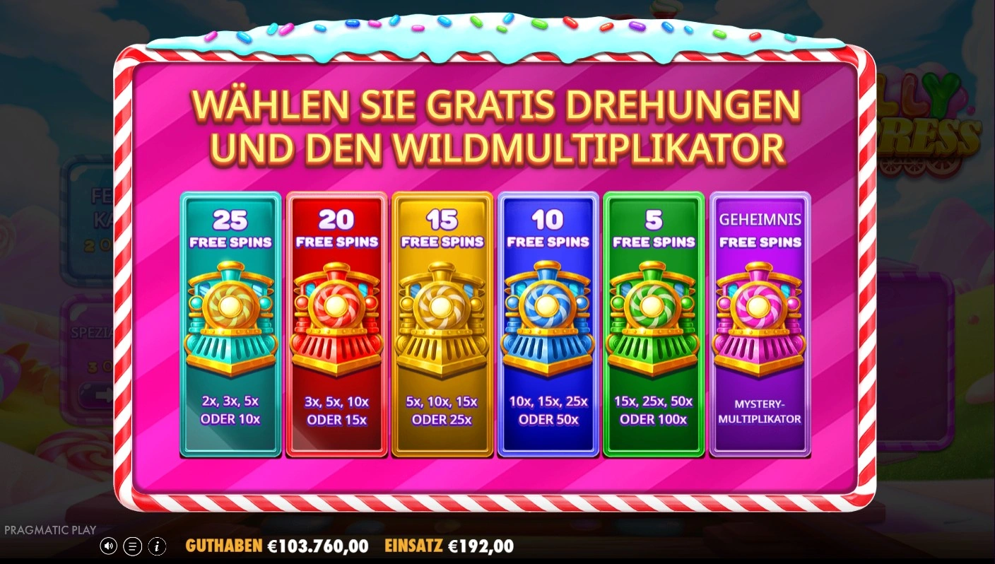 Jelly Express Freispiel-Auswahl – 6 Optionen von 25 Spins mit niedrigen Multiplikatoren bis 5 Spins mit Wild-Multiplikator bis 100x