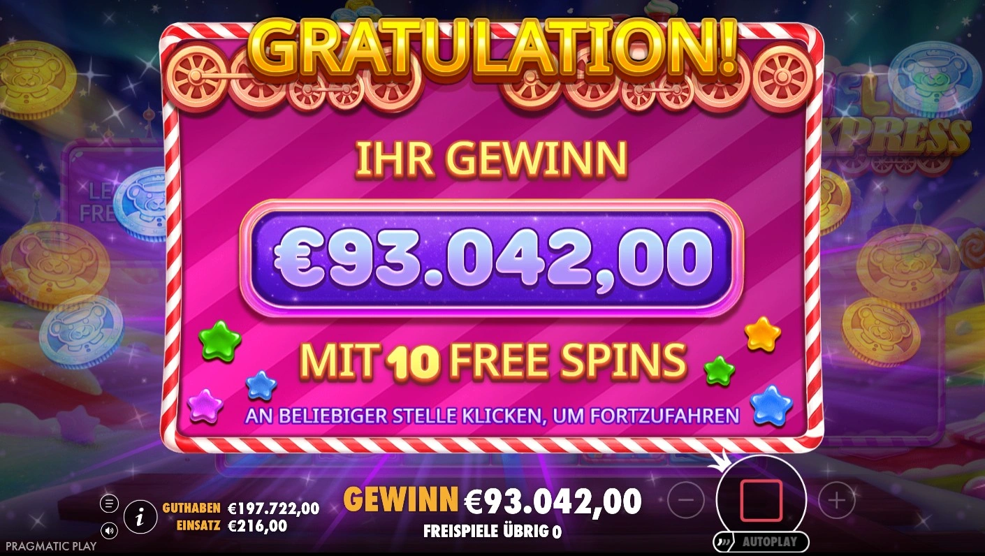 Jelly Express Freispiel-Gewinnbildschirm – Gratulation mit €93.042 Gewinn nach 10 Freispielen