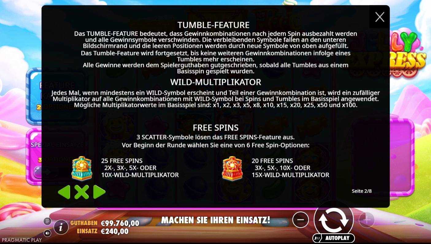Jelly Express Spielregeln – Tumble-Feature, Wild-Multiplikator-Erklärung und Freispiel-Optionen mit 6 verschiedenen Paketen