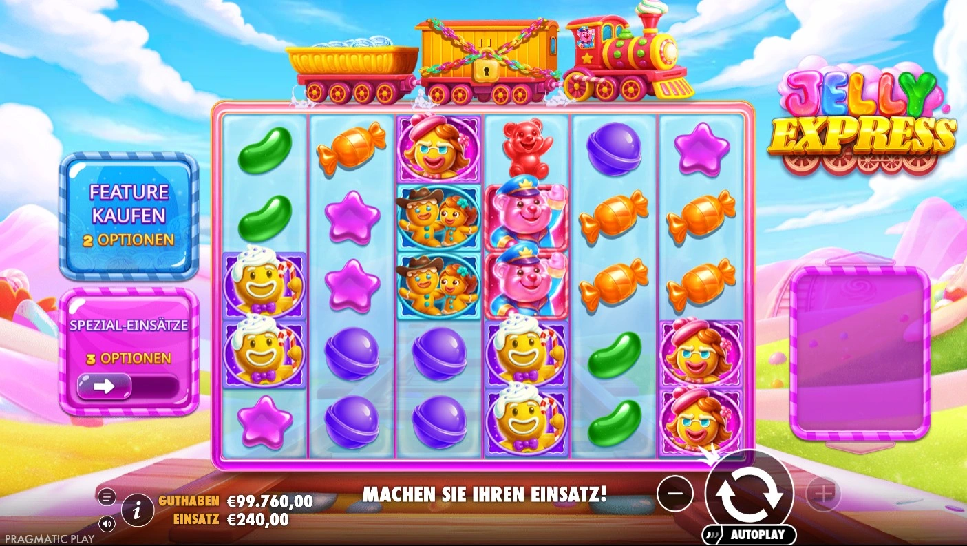 Jelly Express Hauptspielfeld – 6x5 Grid mit Pay-Anywhere-Mechanik, Feature-Kaufen-Button und Spezial-Einsatz-Optionen