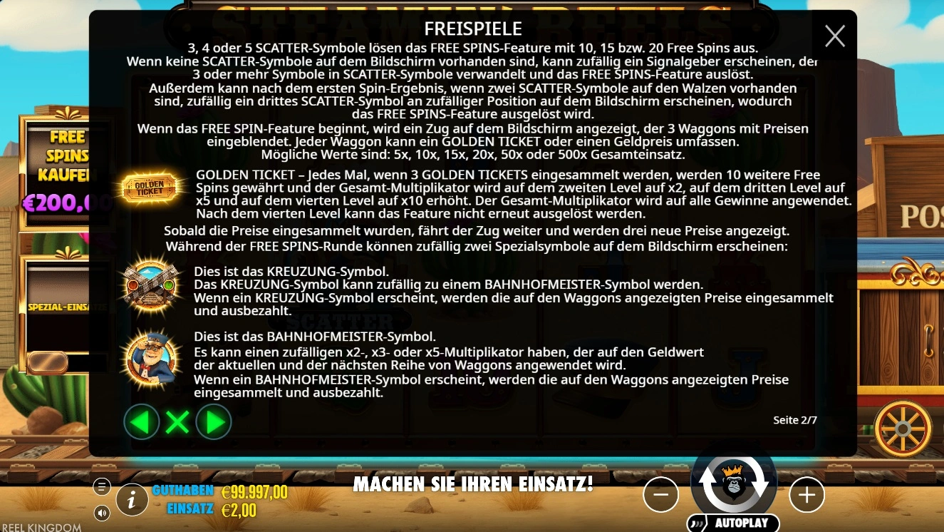 Steamin' Reels Freispiele-Info – Golden Ticket Sammelsystem, Zug-Waggon-Preise und Signalmann-Feature Erklärung