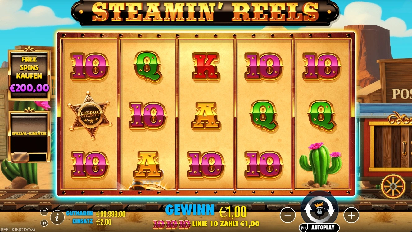 Steamin' Reels Spielfeld – 5×3 Walzen mit Wild-West-Symbolen, Schaffnermütze, Sheriff-Stern und Kartenwertsymbolen im Holzbrett-Stil