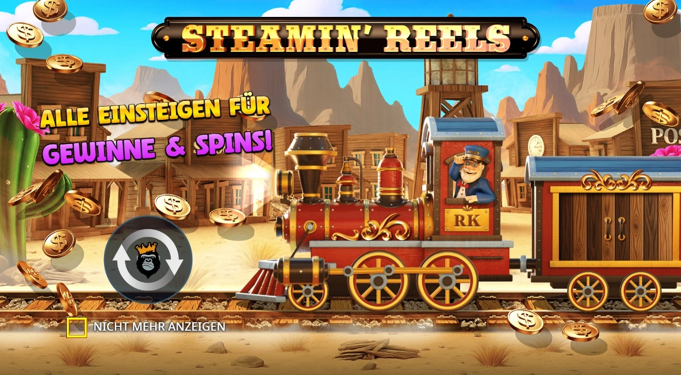 Steamin' Reels Startbildschirm – Dampflokomotive mit Schaffner vor Wild-West-Kulisse mit Kakteen und POST-Gebäude