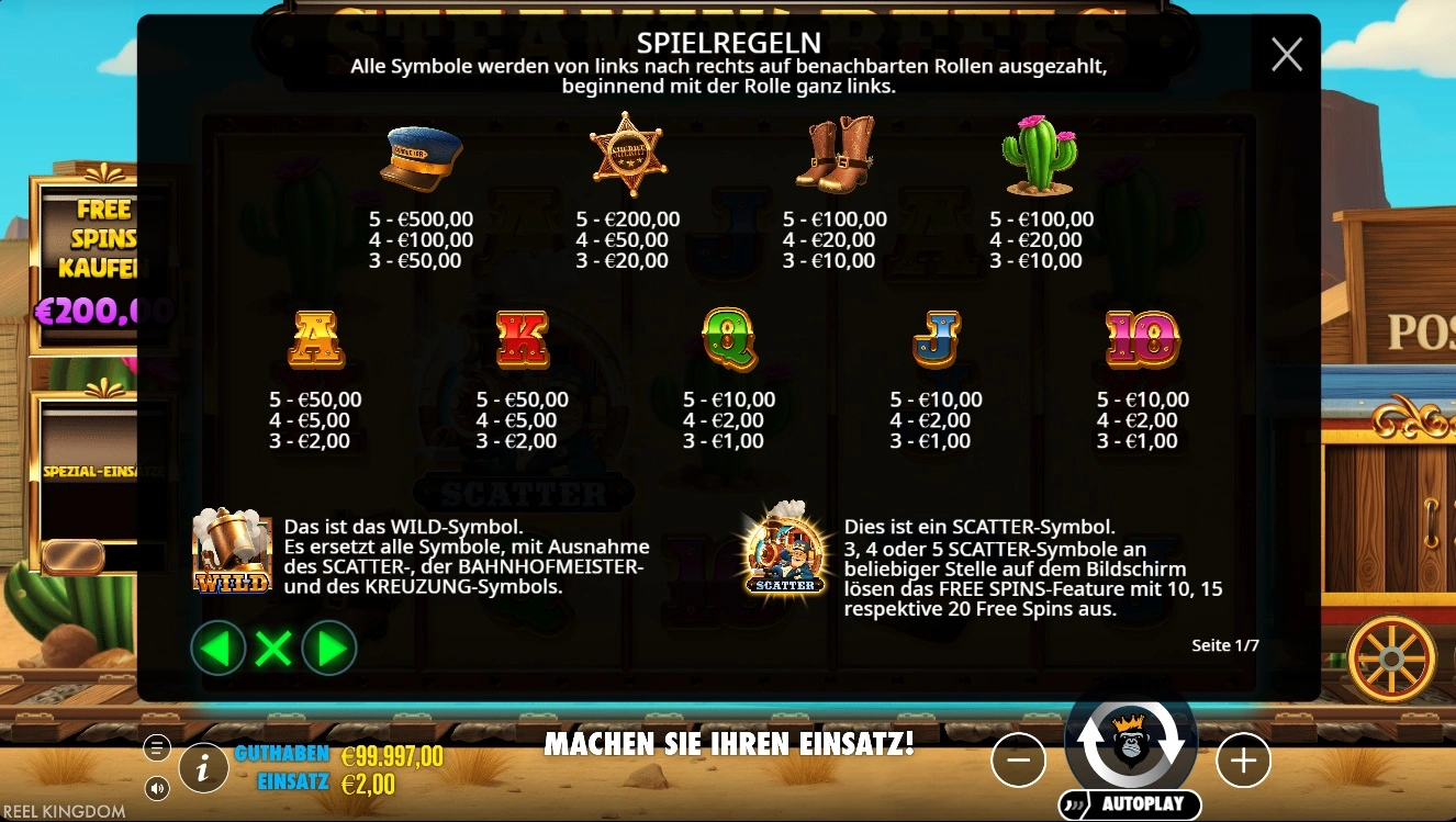 Steamin' Reels Auszahlungstabelle – Symbolwerte von Schaffnermütze 250x bis Kartenwert 10 mit 5x Auszahlung