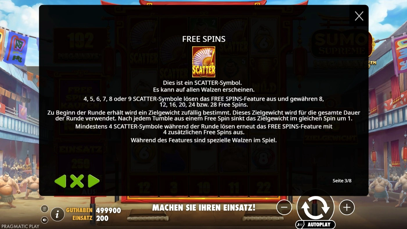 Sumo Supreme Megaways Freispiele-Regeln – Scatter-Symbol löst Free Spins aus, Zielgewicht sinkt nach jedem Tumble um 1, 4 bis 9 Scatters für 8 bis 28 Freispiele