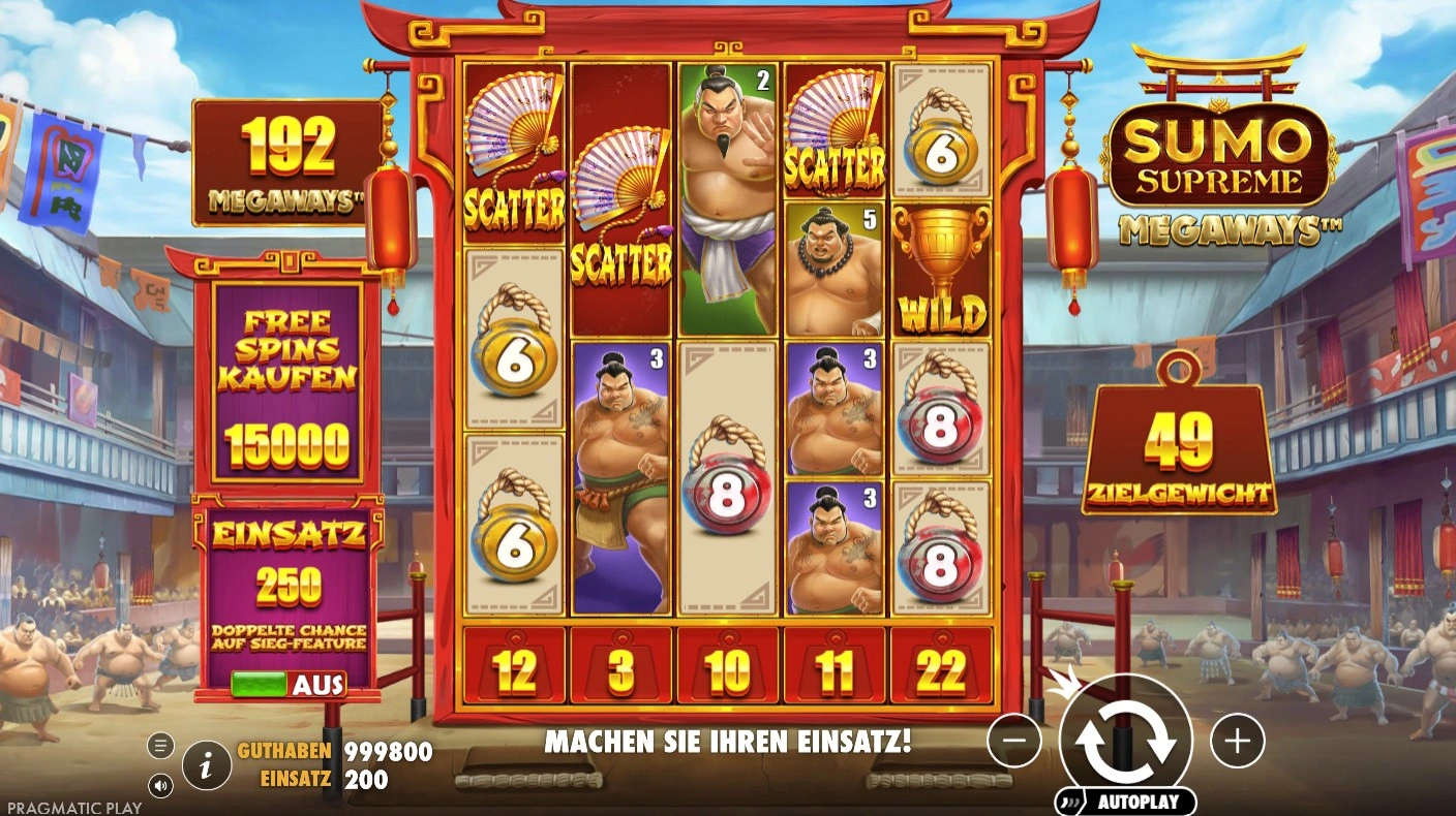 Sumo Supreme Megaways Hauptspielfeld – 6 Walzen mit 192 Megaways, Scatter-Symbole, Free Spins Kaufen-Option und Zielgewicht 49 im japanischen Sumo-Arena-Design
