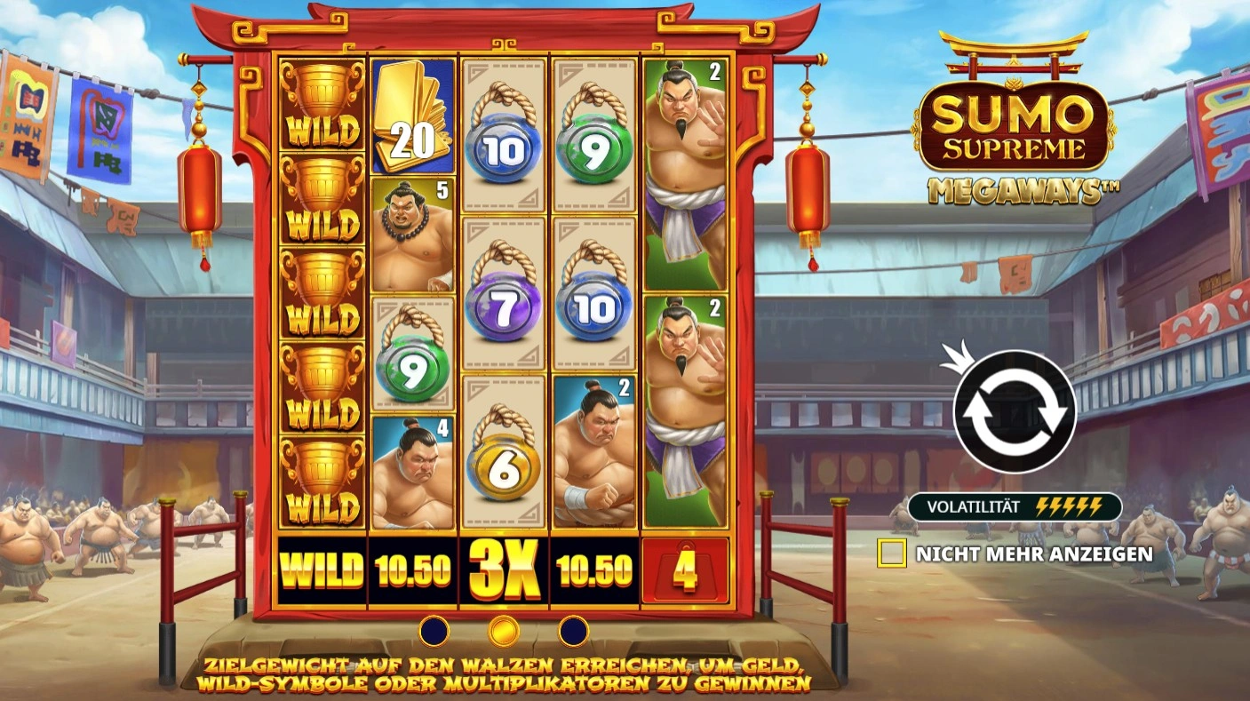 Sumo Supreme Megaways Startbildschirm – Wild-Trophy-Symbole auf der ersten Walze mit 3x Multiplikator und Zielgewicht-Anzeige im japanischen Sumo-Stadion