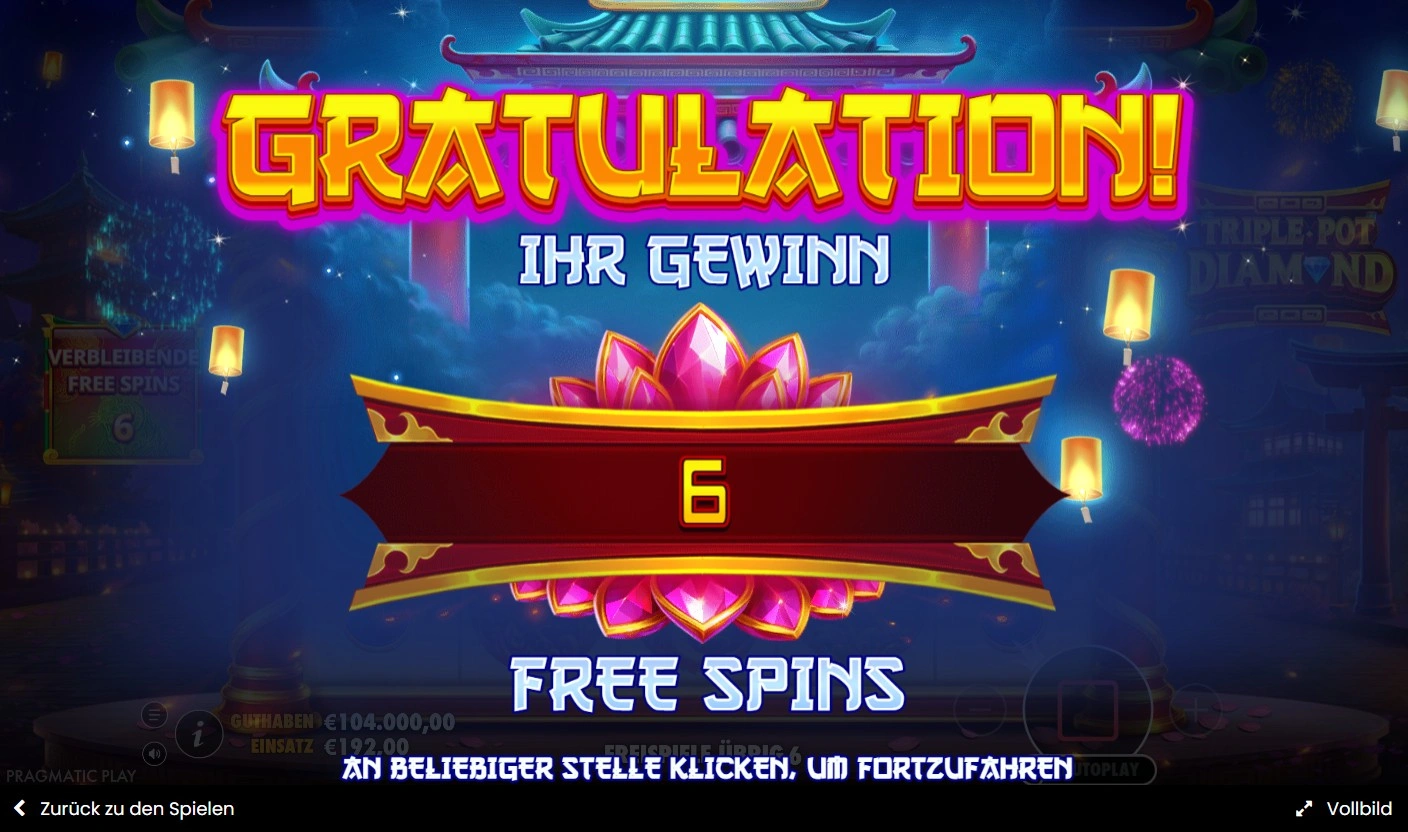 Triple Pot Diamond Freispiele Intro – Fenster mit Ankündigung von 6 Freispielen und aktivierten Multiplikator-Modifiern