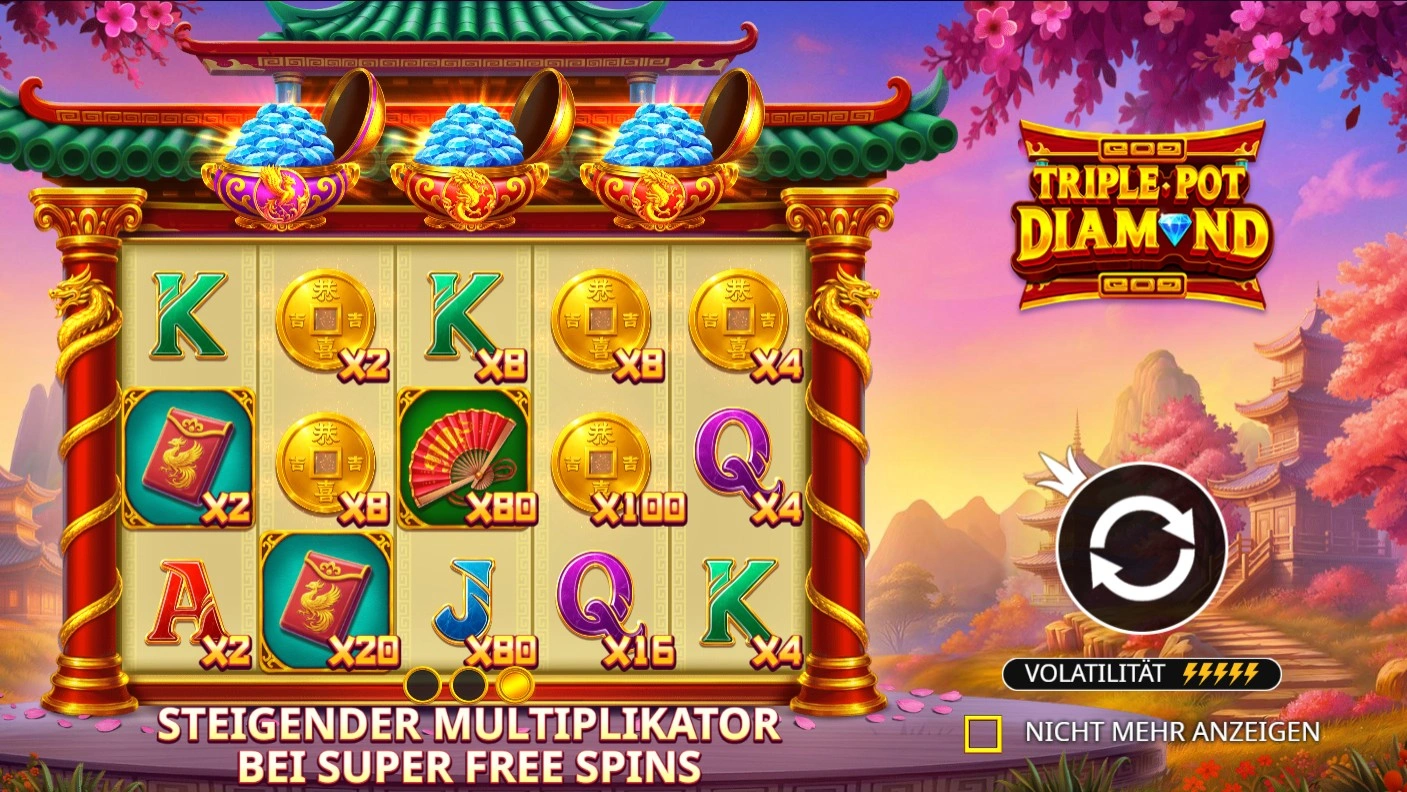 Triple Pot Diamond Startbildschirm – asiatische Festdekoration mit Laternen, Goldbarren und den drei Glückstöpfen Ttiger, Drache und Phönix