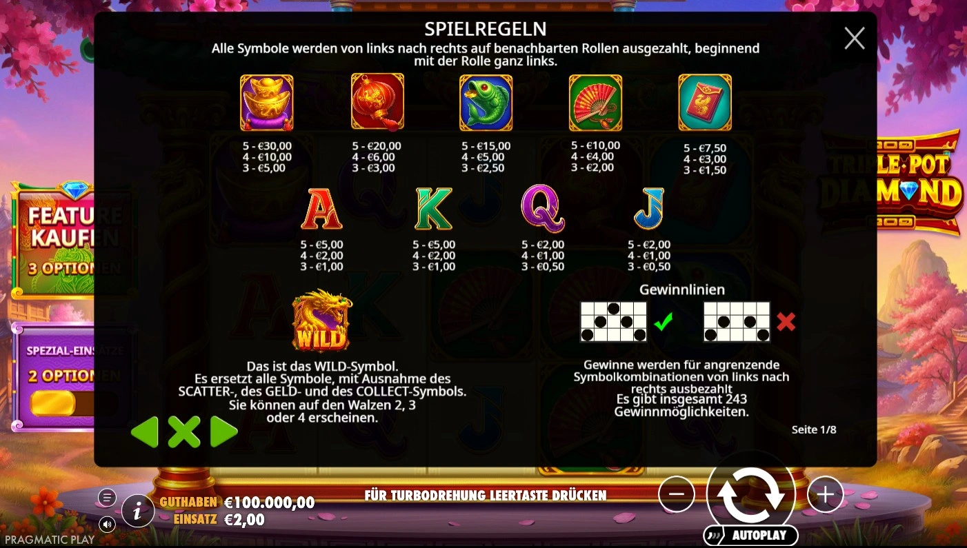 Triple Pot Diamond Auszahlungstabelle – Symbolwerte aller regulären und Spezialsymbole mit Gewinnkombinationen