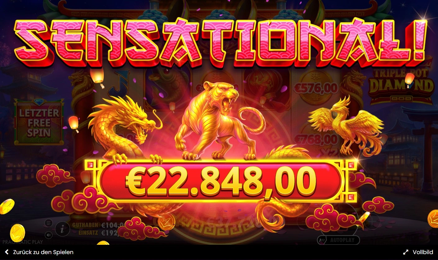 Triple Pot Diamond großer Gewinn während Freispielen – Sensation Win Animation mit hohem Multiplikator-Ergebnis